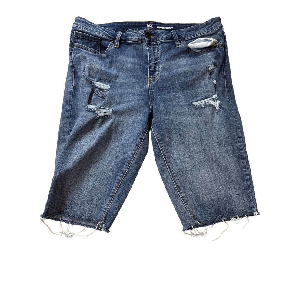 NY&C Women Blue Distressed Mid-Rise Denim Shorts Raw Hem Size 18